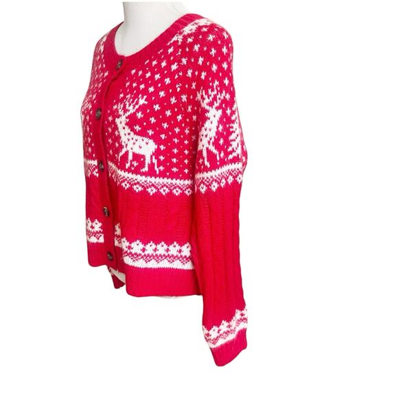 Old Navy NWT Women's Alpine Fair Isle Cardigan Sweater L Deer Trees Red White - Picture 3 of 12